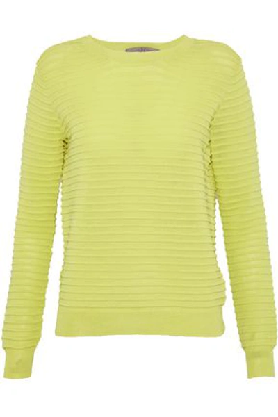 Shop Halston Heritage Woman Ribbed-knit Cotton-blend Top Lime Green