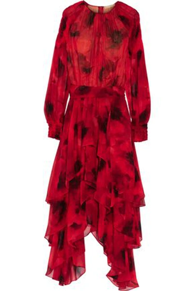 Shop Michael Kors Woman Tiered Printed Silk-chiffon Dress Crimson