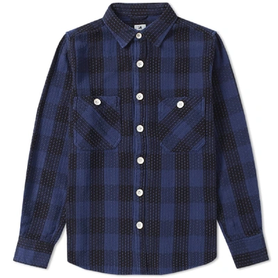 Shop Sasquatchfabrix Sashiko Block Check Shirt In Blue