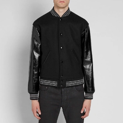 Shop Saint Laurent Leather Sleeve Teddy Jacket In Black