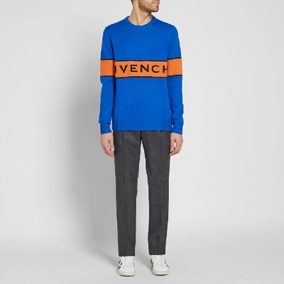 Shop Givenchy Logo Band Crew Neck Knit In Blue