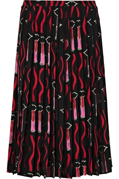 Shop Valentino Lace-trimmed Pleated Printed Silk Crepe De Chine Skirt In Black