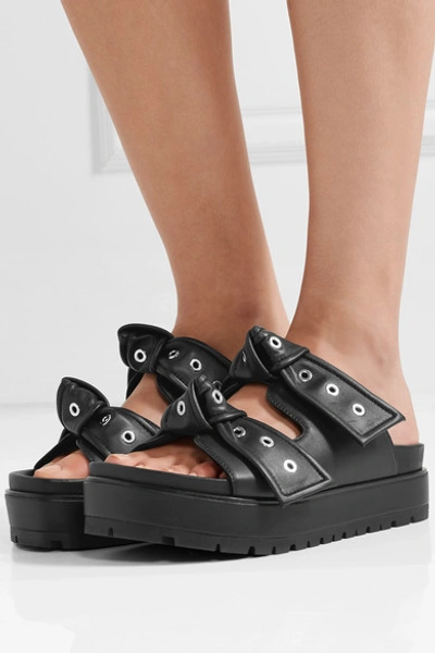 Shop Alexander Mcqueen Eyelet-embellished Knotted Leather Platform Slides In Black