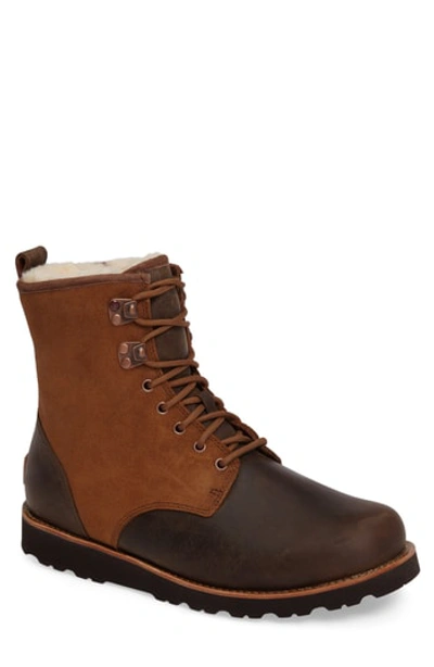 Shop Ugg Hannen Plain Toe Waterproof Boot With Genuine Shearling In Dark Chestnut Leather