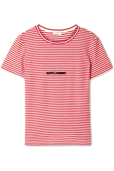 Shop Saint Laurent Flocked Striped Cotton T-shirt