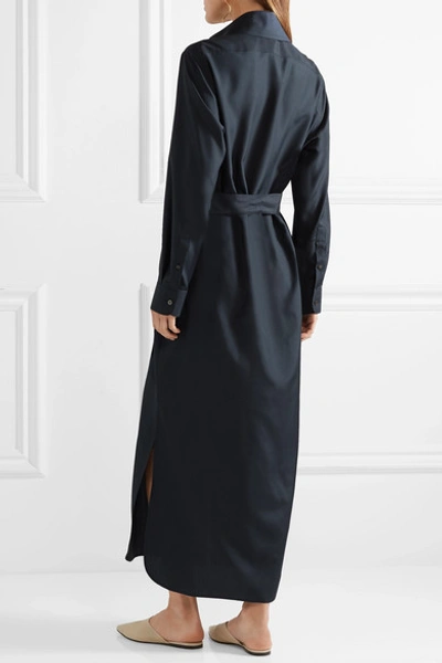 Shop The Row Lira Belted Silk-poplin Maxi Dress In Navy
