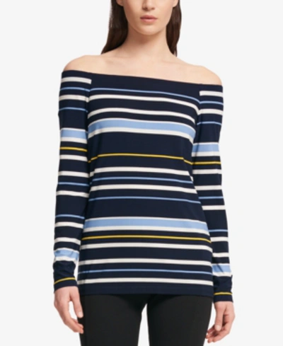 Shop Dkny Striped Off-the-shoulder Top In Multi Stripe