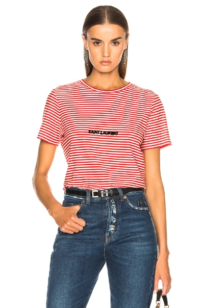 Shop Saint Laurent Striped Small Logo Tee In Red,stripes