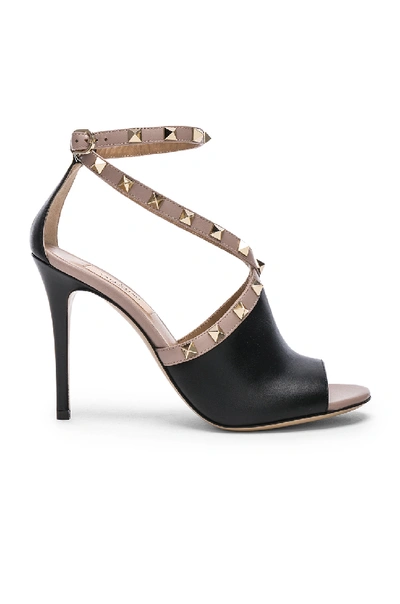 Shop Valentino Leather Rockstud Open Toe Heels In Black