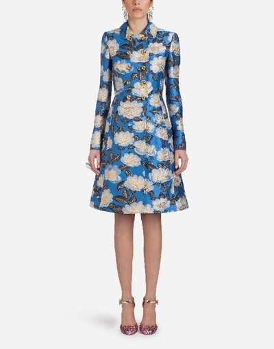Shop Dolce & Gabbana Double-breasted Wool Coat In Lurex Jacquard In Blue