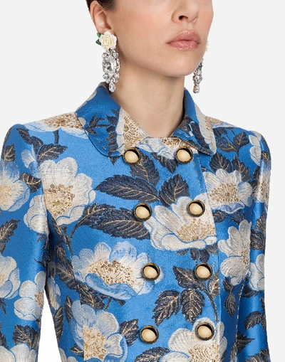 Shop Dolce & Gabbana Double-breasted Wool Coat In Lurex Jacquard In Blue
