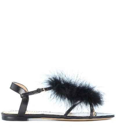 Shop Charlotte Olympia Fifi Feather-trimmed Leather Sandals In Black