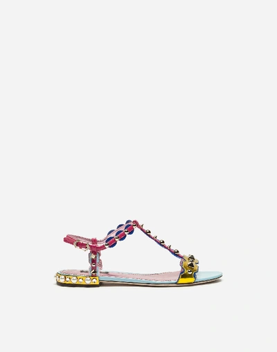 Shop Dolce & Gabbana Sandal In Mixed Materials With Appliqués And Jewel Heel In Pink