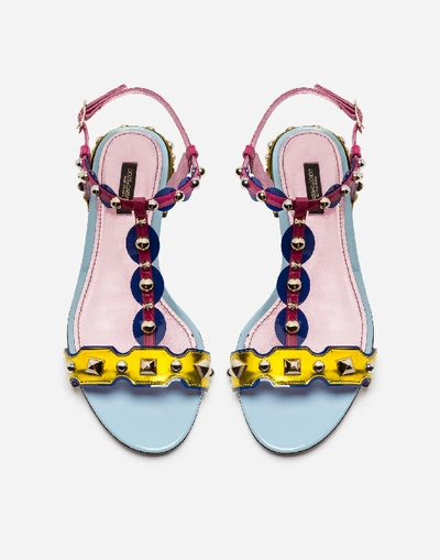 Shop Dolce & Gabbana Sandal In Mixed Materials With Appliqués And Jewel Heel In Pink