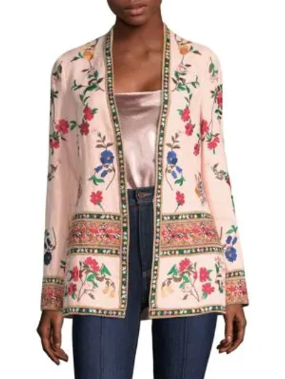 Shop Alice And Olivia Jerri Embroidered Open Front Blazer In Blush Multi