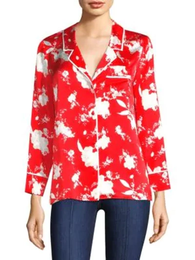 Shop Alice And Olivia Kier Piped Silk Pajama Top In Floral Damask Poppy