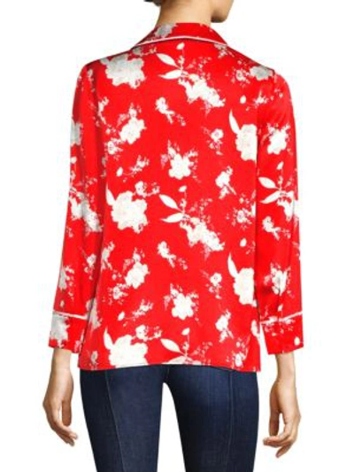 Shop Alice And Olivia Kier Piped Silk Pajama Top In Floral Damask Poppy