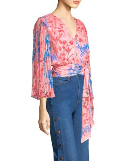 Shop Alice And Olivia Lola Silk Pleated Sleeve Wrap Top In Lola Floral
