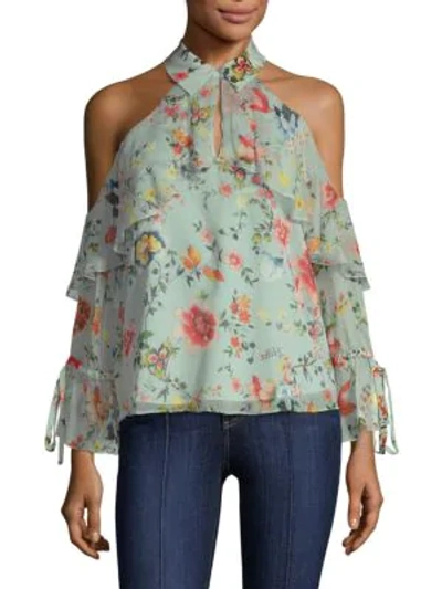 Shop Alice And Olivia Blayne Floral-print Blouse In Floral Soiree Dusty Aqua
