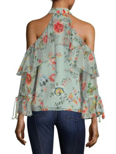 Shop Alice And Olivia Blayne Floral-print Blouse In Floral Soiree Dusty Aqua