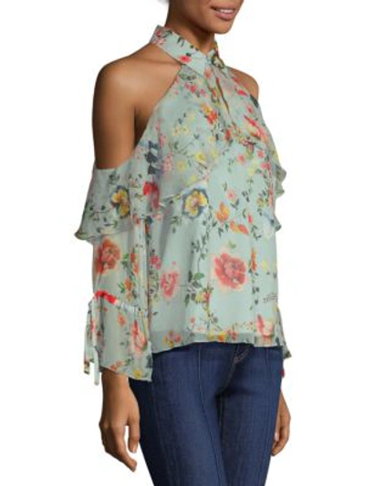 Shop Alice And Olivia Blayne Floral-print Blouse In Floral Soiree Dusty Aqua