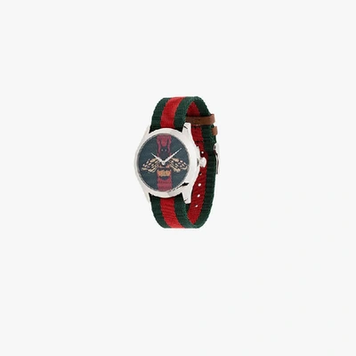 Shop Gucci G-timeless 38mm Bee Web Watch In Green / Red