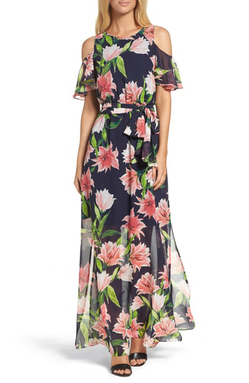 navy floral cold shoulder maxi dress