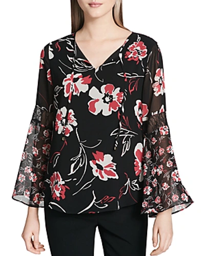 Shop Calvin Klein Floral Print Bell Sleeve Blouse In Black/watermelon/white