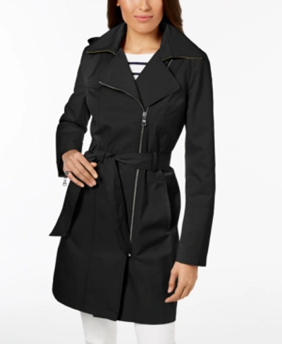 Shop Vince Camuto Hooded Asymmetrical Trench Coat In Black
