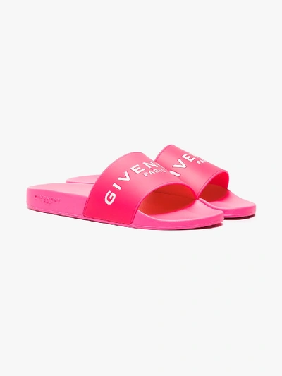 Shop Givenchy Pink Logo Embossed Slides In Pink&purple