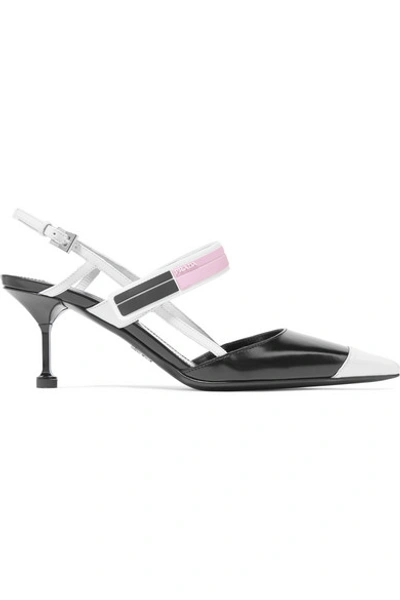 Shop Prada Logo-print Glossed-leather Slingback Pumps In Black