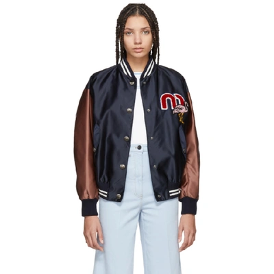 Shop Miu Miu Navy & Burgundy Varisty Bomber Jacket