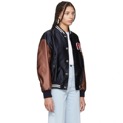 Shop Miu Miu Navy & Burgundy Varisty Bomber Jacket