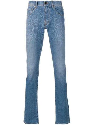 Shop Etro Printed Slim Leg Jeans In Blue