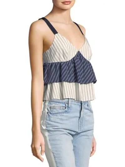 Shop Joie Marjie Stripe Poplin Ruffle Tank Top In Dark Navy Porcelain