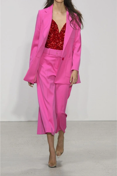 Shop Oscar De La Renta Belted Wool-blend Wide-leg Pants In Fuchsia