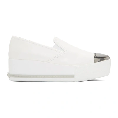 Shop Miu Miu White Cap Toe Platform Slip-on Sneakers In 009 White