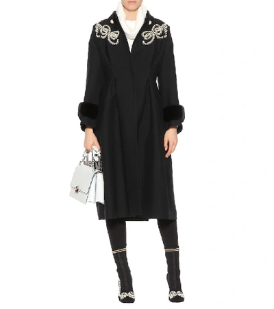 Shop Fendi Embellished Wool And Silk Coat In Black