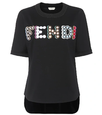Shop Fendi Embellished Cotton T-shirt In Black