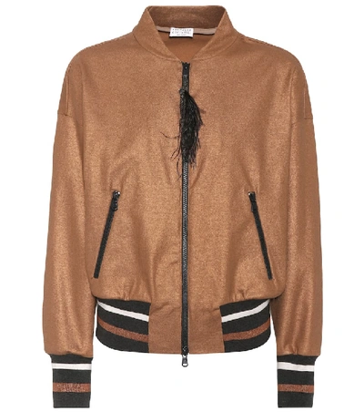 Shop Brunello Cucinelli Feather-trimmed Cotton Jacket In Brown