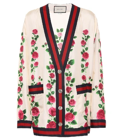 Shop Gucci Rose Garden Printed Silk Cardigan In White