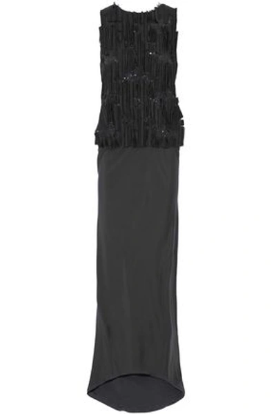 Shop Brunello Cucinelli Open-back Embellished Silk-blend Gown In Charcoal