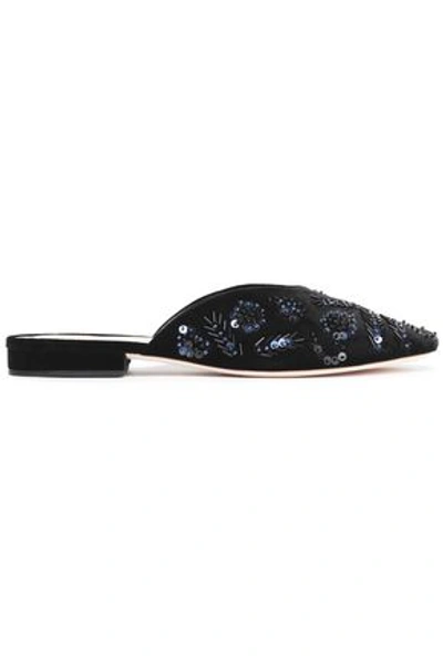 Shop Loeffler Randall Woman Bead And Sequin-embellished Velvet Slippers Black