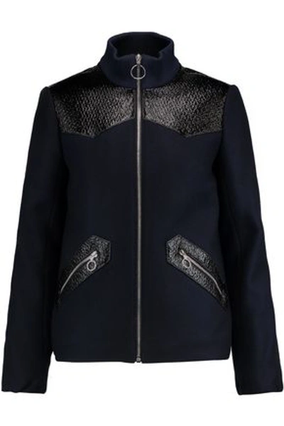 Shop Maje Woman Faux Textured Leather-paneled Wool-blend Jacket Midnight Blue