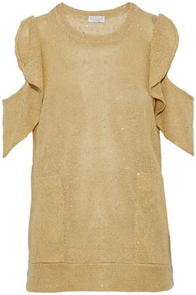 Shop Brunello Cucinelli Woman Sequined Ruffled Cold-shoulder Linen And Silk-blend Knitted Top Sand