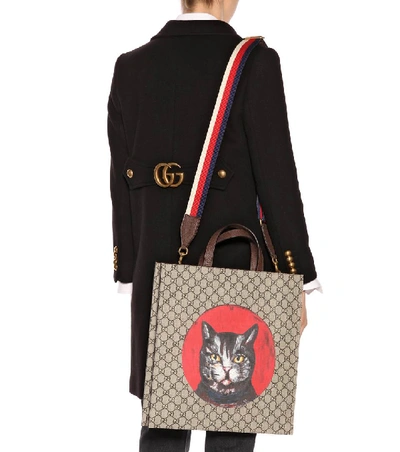 Shop Gucci Printed Leather Tote In Beige