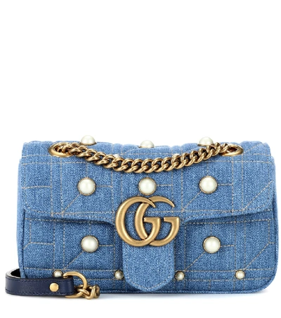 Gucci Gg Marmont 2.0 Imitation Pearl Embellished Denim Crossbody Bag - Blue  In Female | ModeSens