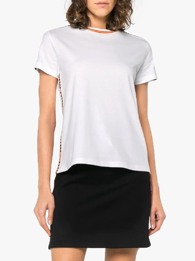 Shop Miu Miu Striped Logo Trims Cotton T Shirt In White