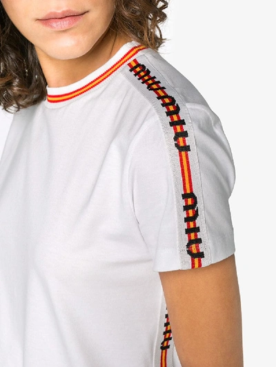 Shop Miu Miu Striped Logo Trims Cotton T Shirt In White