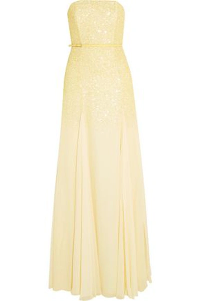 Shop Halston Heritage Woman Belted Sequined Chiffon Gown Pastel Yellow